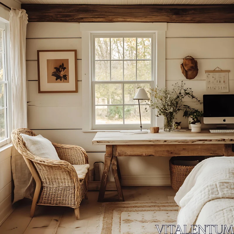 Cozy Wicker Chair and Wooden Desk AI Image