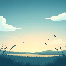 Tranquil Evening Scene with Flying Birds