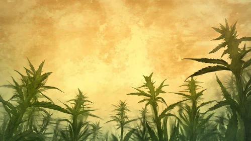 Tranquil Plant Field Under Golden Sky