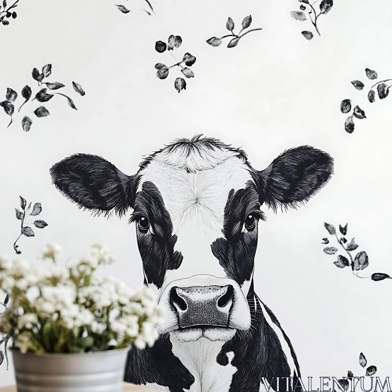 AI ART Monochrome Cow with Floral Design