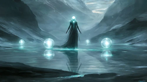 Mystical Figure in Water with Orbs