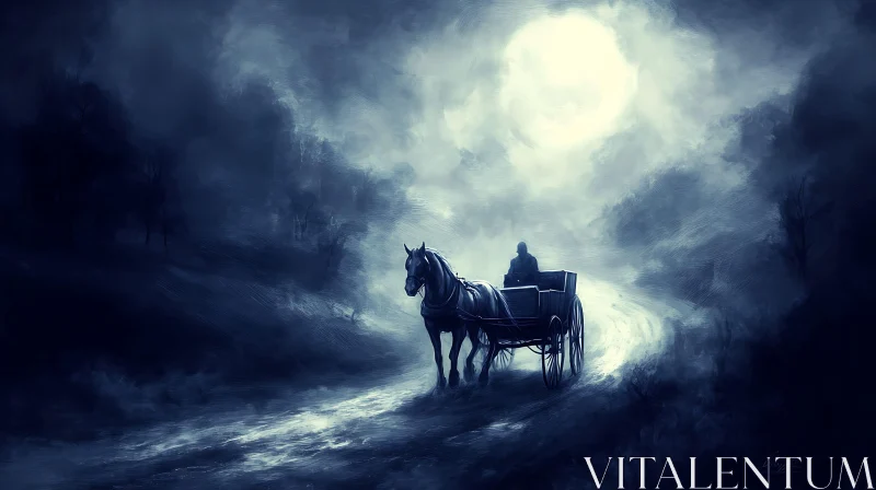 AI ART Night Journey: Horse-Drawn Carriage Under Moon