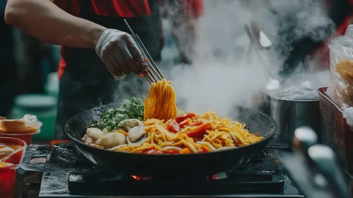 Chef Cooking Noodles in Wok with Vegetables