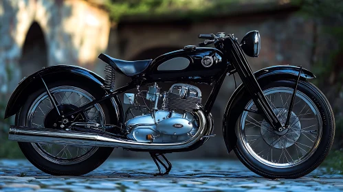 Vintage Motorcycle parked on cobblestone