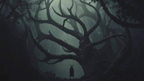 Misty Forest with Mysterious Silhouette