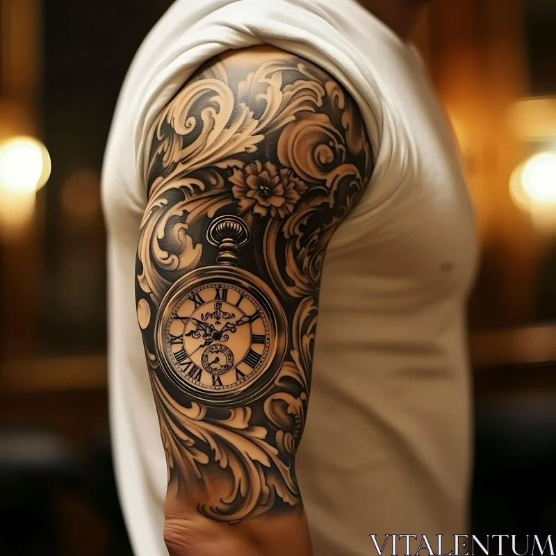 Vintage Pocket Watch Arm Sleeve Tattoo AI Image