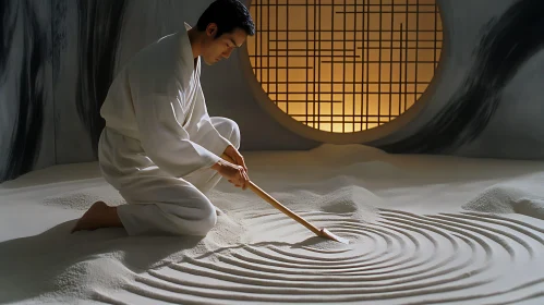 Man in White Meditating in Sand Garden