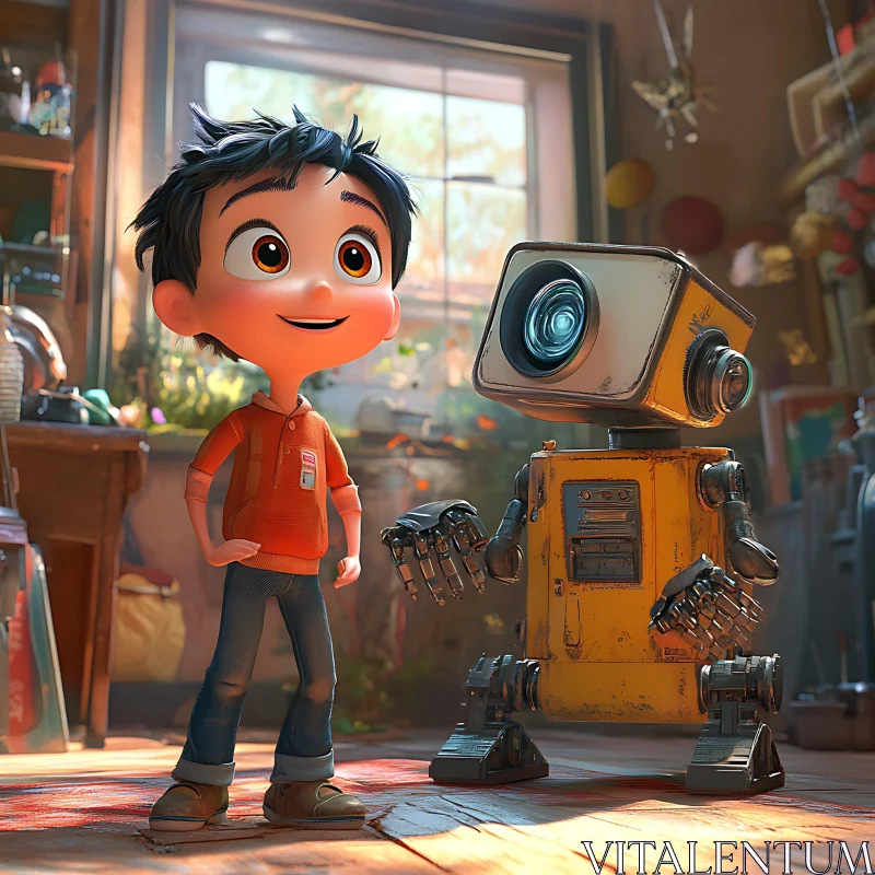 Cartoon Boy with His Robot Friend AI Image