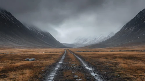 Mountain Road Under Cloudy Sky