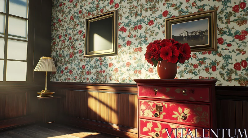 Floral Wallpaper and Red Dresser AI Image