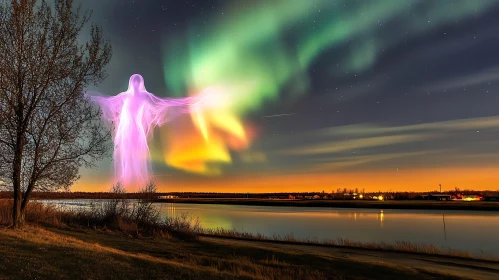 Night Figure Under Aurora Borealis