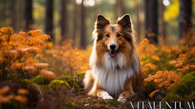Collie Dog Peacefully Resting in Autumn Forest AI Image