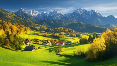 Idyllic Mountain Village Landscape in Autumn