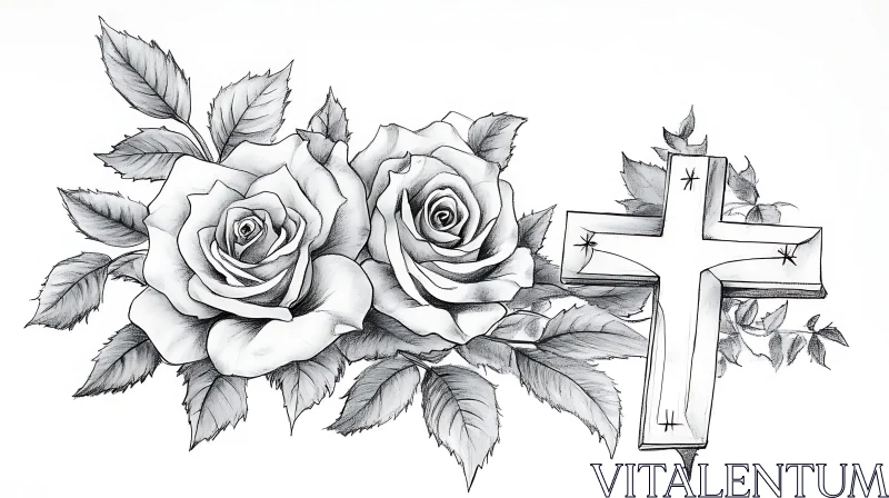 Detailed Tattoo Sketch of Roses with Cross AI Image