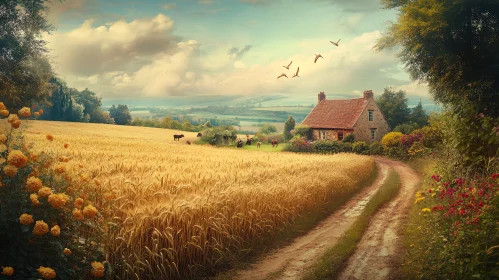 Golden Wheat Field with Old Farmhouse