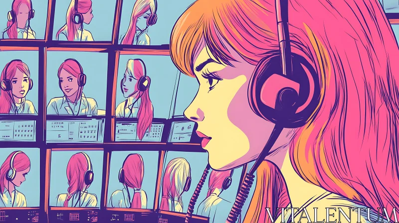 Headphone Girl in a Screen Room AI Image