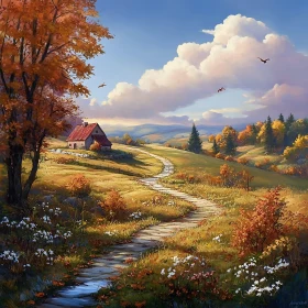 Scenic Autumn Path Leading to Quaint House