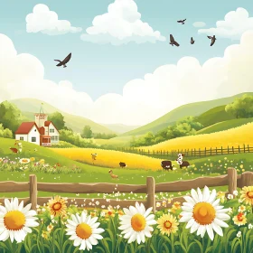 Idyllic Countryside Scene with Cows and Birds