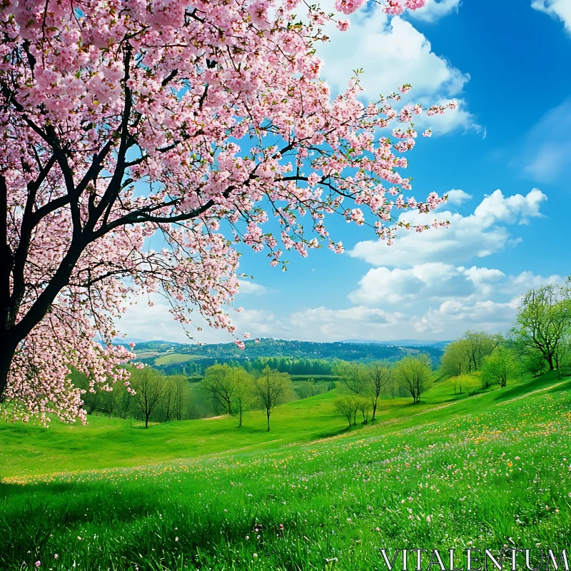 AI ART Scenic Meadow with Pink Blossoms