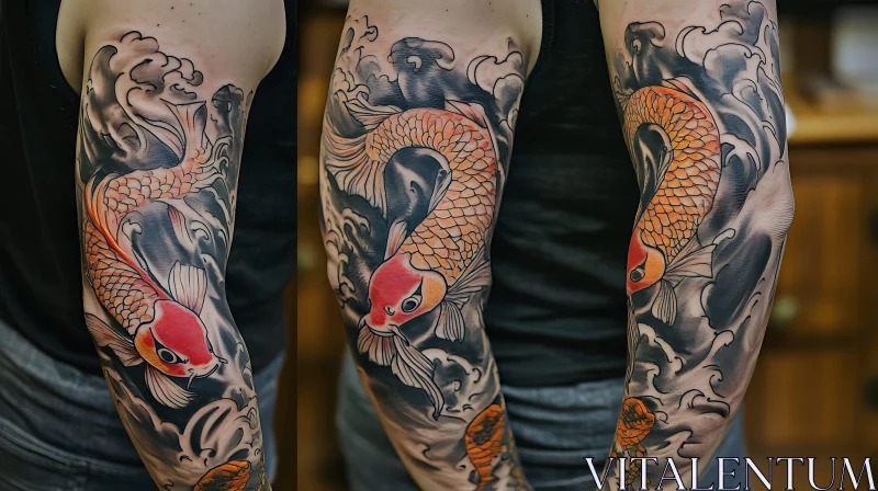 Colorful Koi Fish Tattoo with Water Waves AI Image