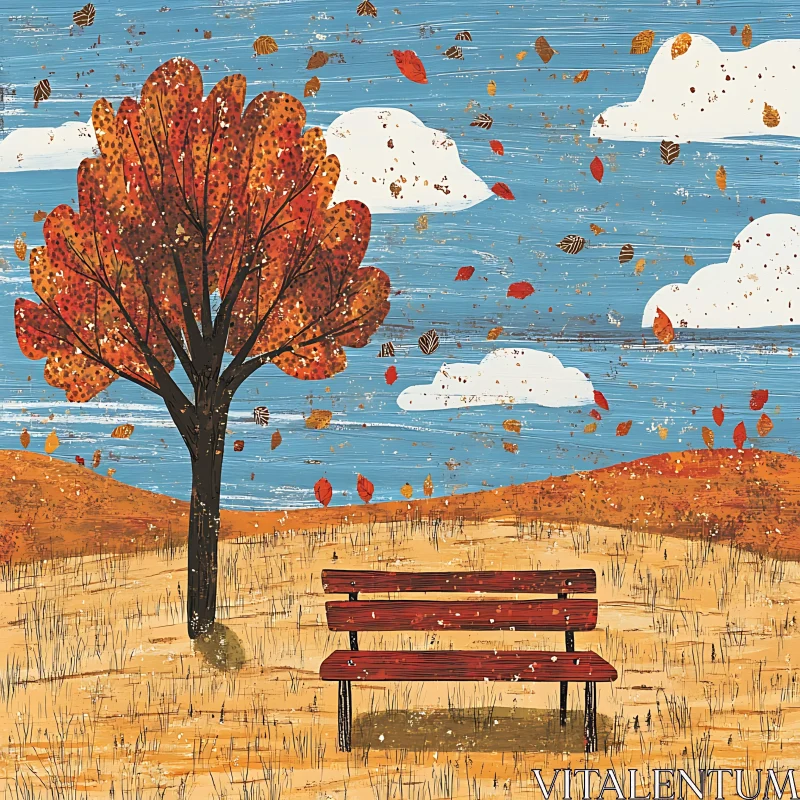 AI ART Fall Season Serenity: Tree and Bench View