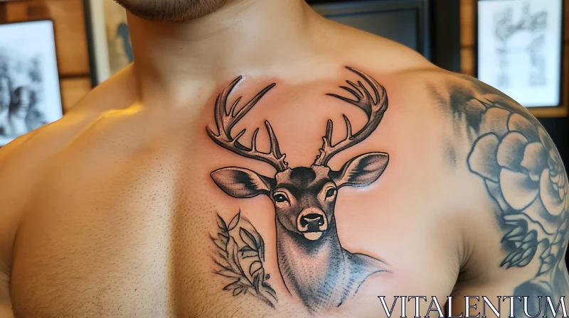 Intricate Chest Tattoo of a Deer with Leaves AI Image