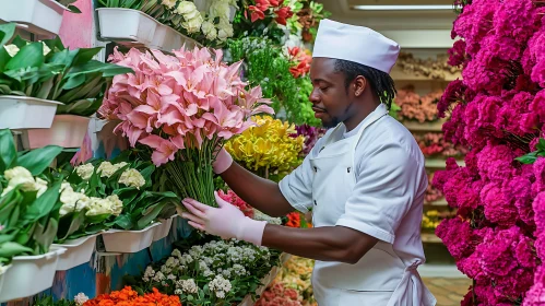 Florist Arranging Pink Lilies Bouquet