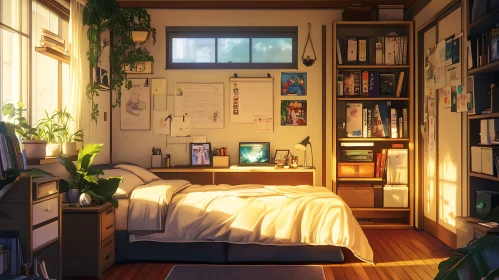 Cozy Bedroom Interior with Sunlight and Bookshelves