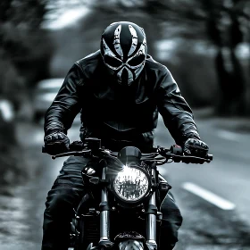 Biker in Leather Gear with Unique Helmet
