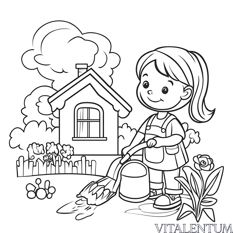 Cartoon Girl Gardening Coloring Page AI Image