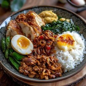 Mixed Dish Bowl with Rice, Chicken, Vegetables, and Egg