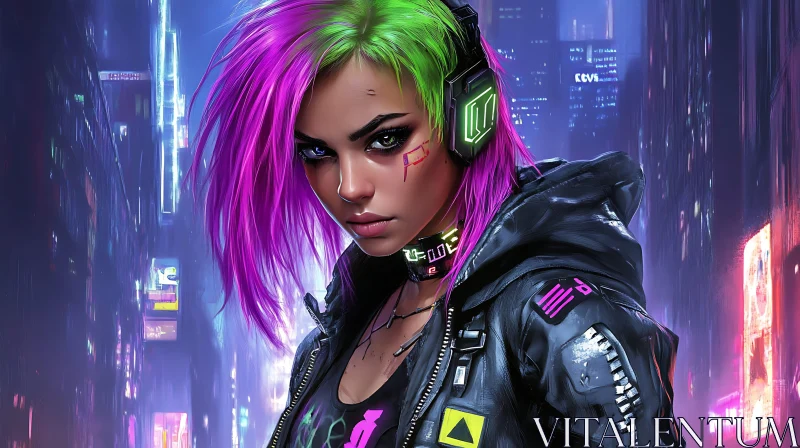 Cyberpunk Portrait in Neon Cityscape AI Image