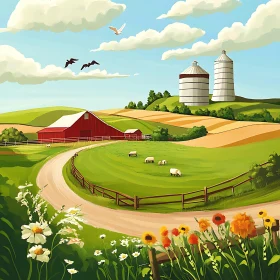 Pastoral Farm Scene with Barn and Silos