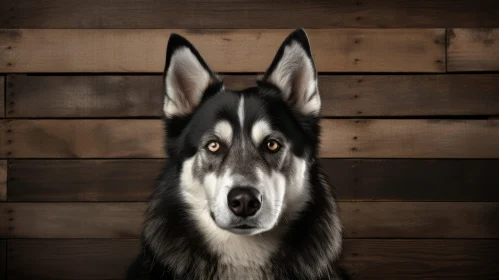 Minimalist Husky Dog Portrait on Wooden Background