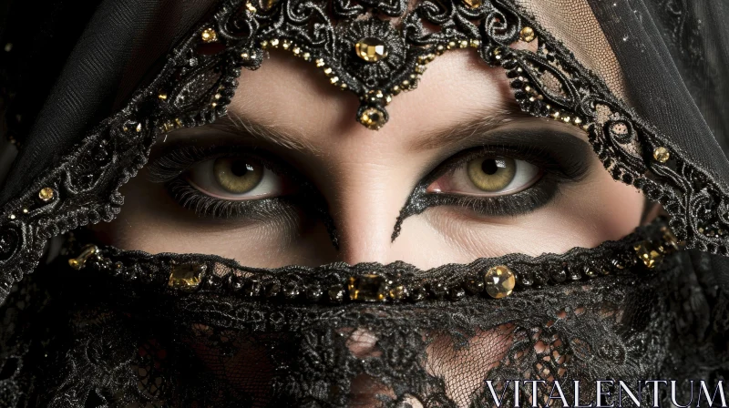 Mysterious Woman with Black Lace Headscarf - Close-up Portrait AI Image