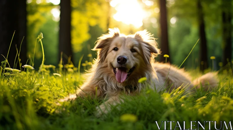 Optimistic Dog Resting Under Sunrays Amidst Emerald Grass AI Image