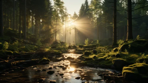 Sunlit Forest Stream: An Atmospheric Wilderness