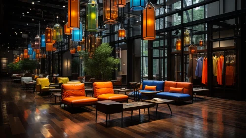 Vibrant and Colorful Lobby with Wooden Floors and Hanging Lamps