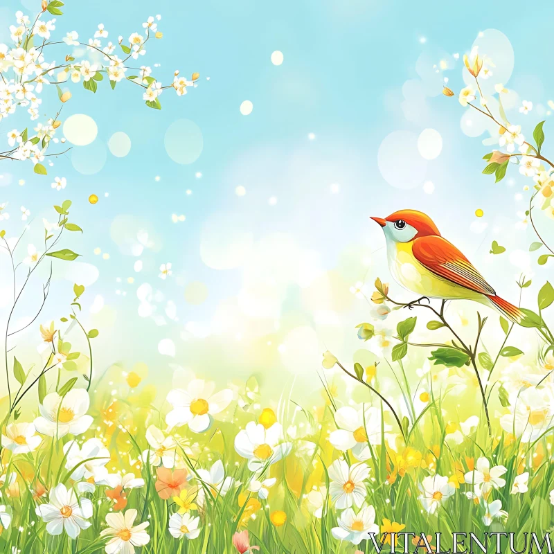 AI ART Floral Meadow Bird Perched Peacefully