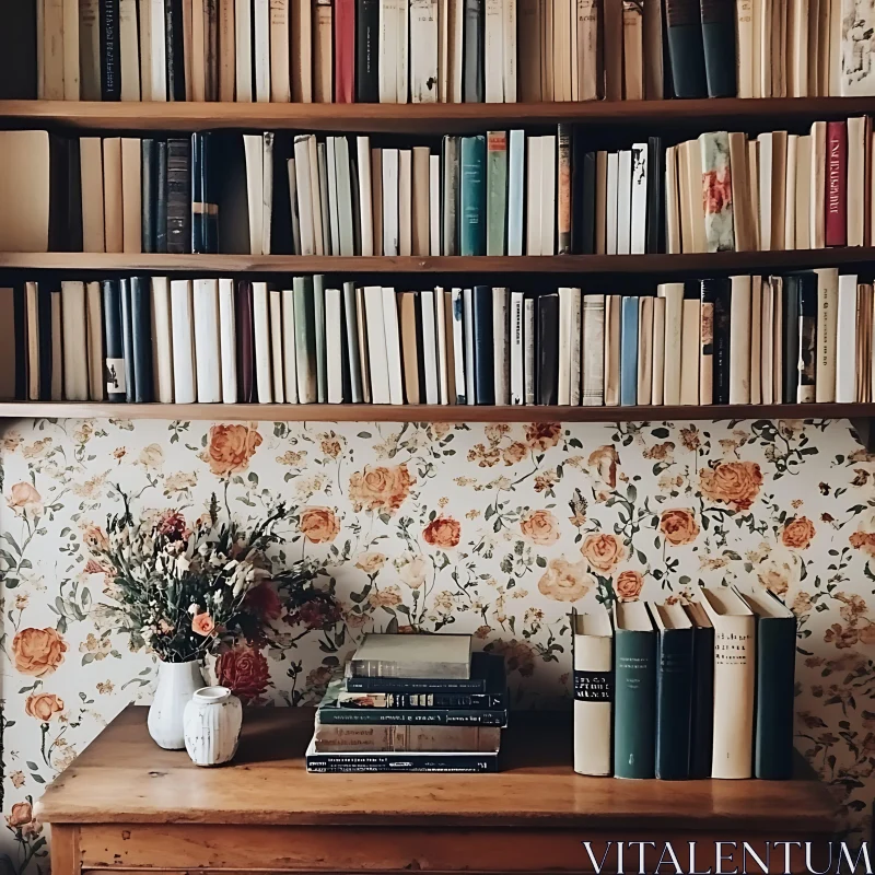 AI ART Bookshelves and Flowers in Vintage Room