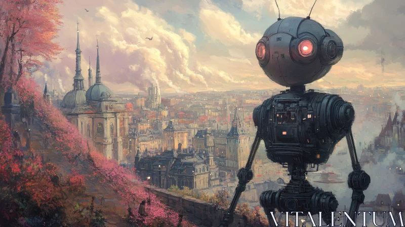 Futuristic Robot Overlooking Urban Landscape AI Image