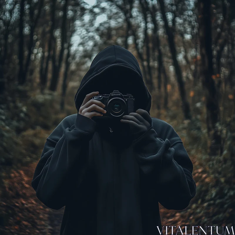 Hooded Figure with Camera in Woods AI Image