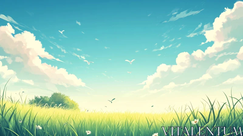 Peaceful Meadow Scene with Blue Sky AI Image