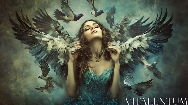 AI ART Woman Surrounded by Flying Pigeons Art