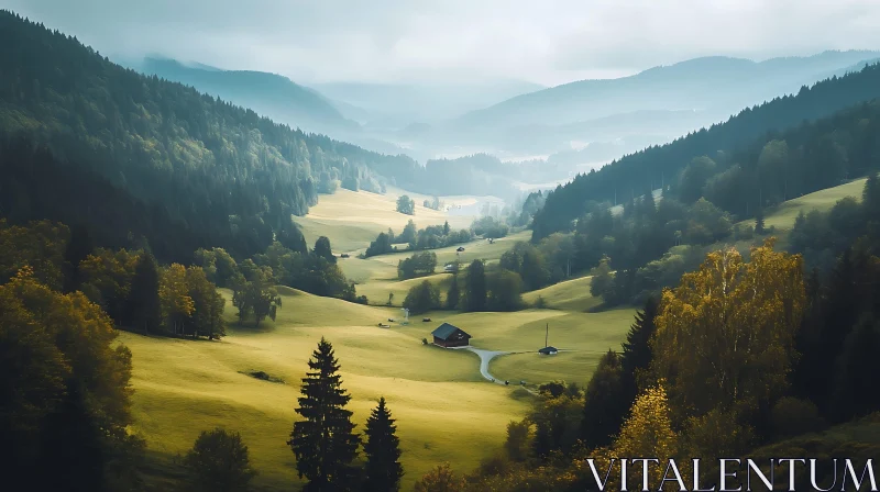 Idyllic Valley Landscape with Distant House AI Image