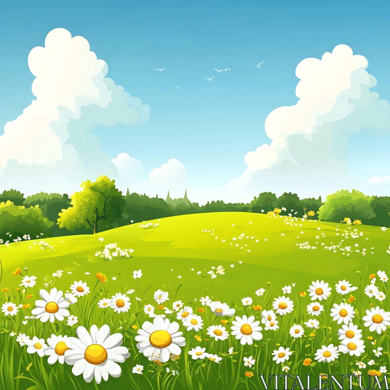 AI ART Serene Meadow with Daisies and Clouds