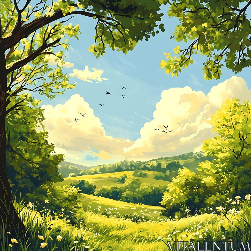 Serene Green Field and Blue Sky AI Image