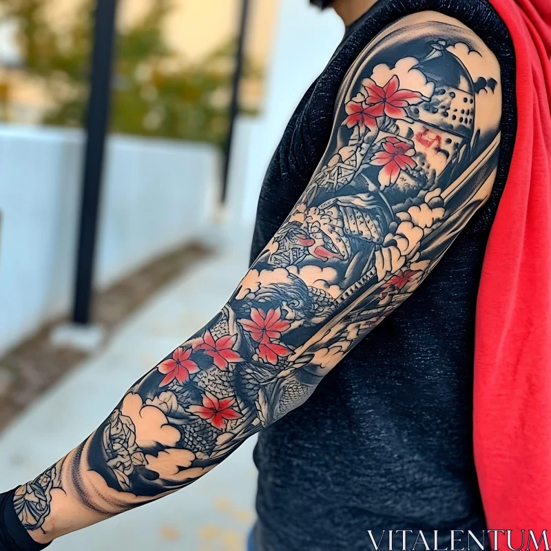 Samurai and Cherry Blossoms Tattoo Sleeve AI Image