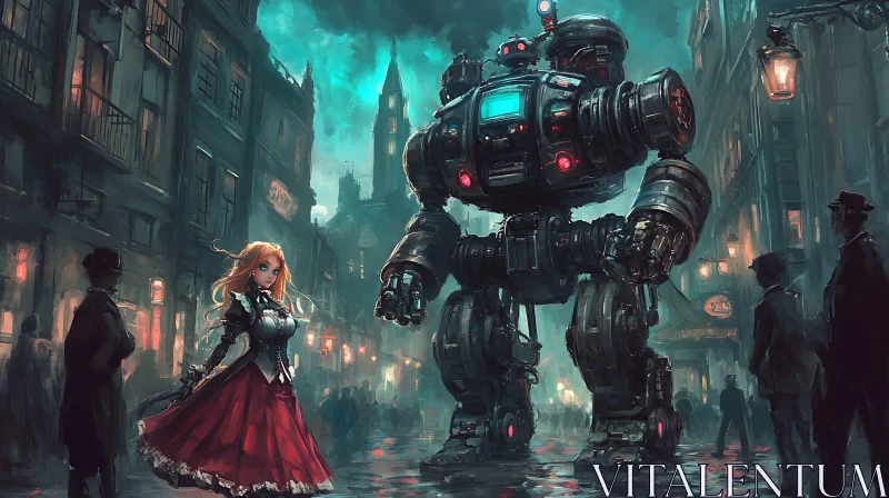 AI ART Cityscape with Robot and Victorian Girl