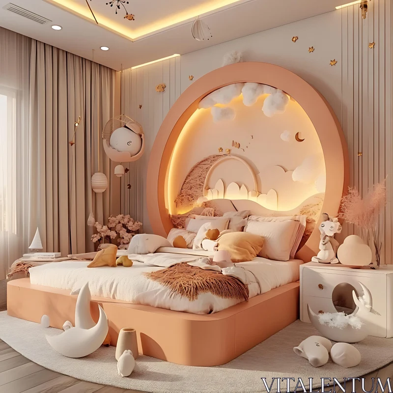 AI ART Whimsical Bedroom with Circular Headboard